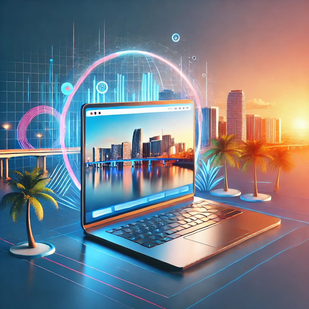 - A professional and modern digital-themed thumbnail for an article about website development in Florida. The image features a sleek laptop displaying a